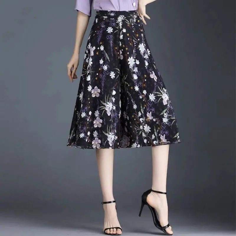 

Summer Women's Thin Casual Skirt Pants Loose High Waist Floral Fragmented Wide Leg Cropped Pantskirt