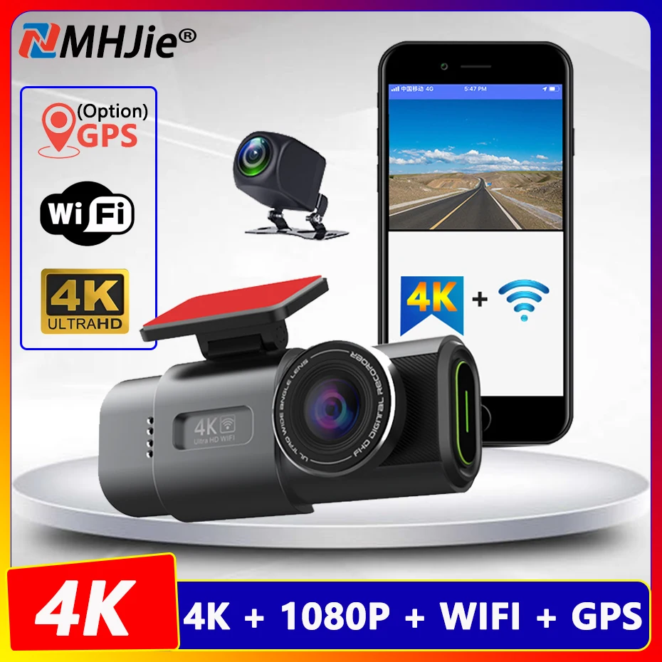 

4K Wi-Fi Автомобильный видеорегистратор GPS-трекер 3840*2160P Передняя и задняя камера с двумя объективами приборной панели Видеорегистратор ночного видения Черный ящик