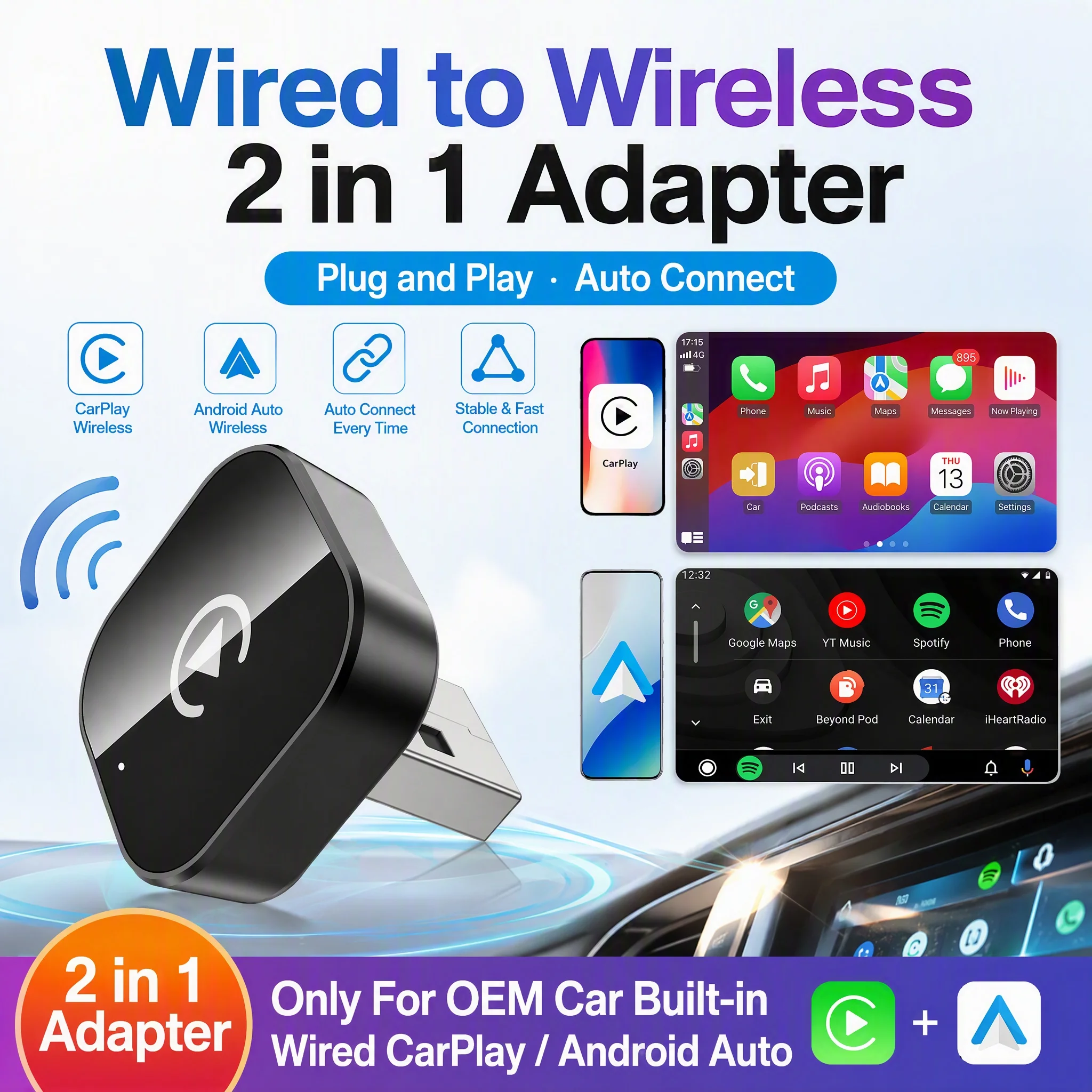 2026 Wireless CarPlay & Android Auto Dongle, Fast Auto-Connect, Compact Plug & Play for iPhone/Android, USB/USB-C, No Delay