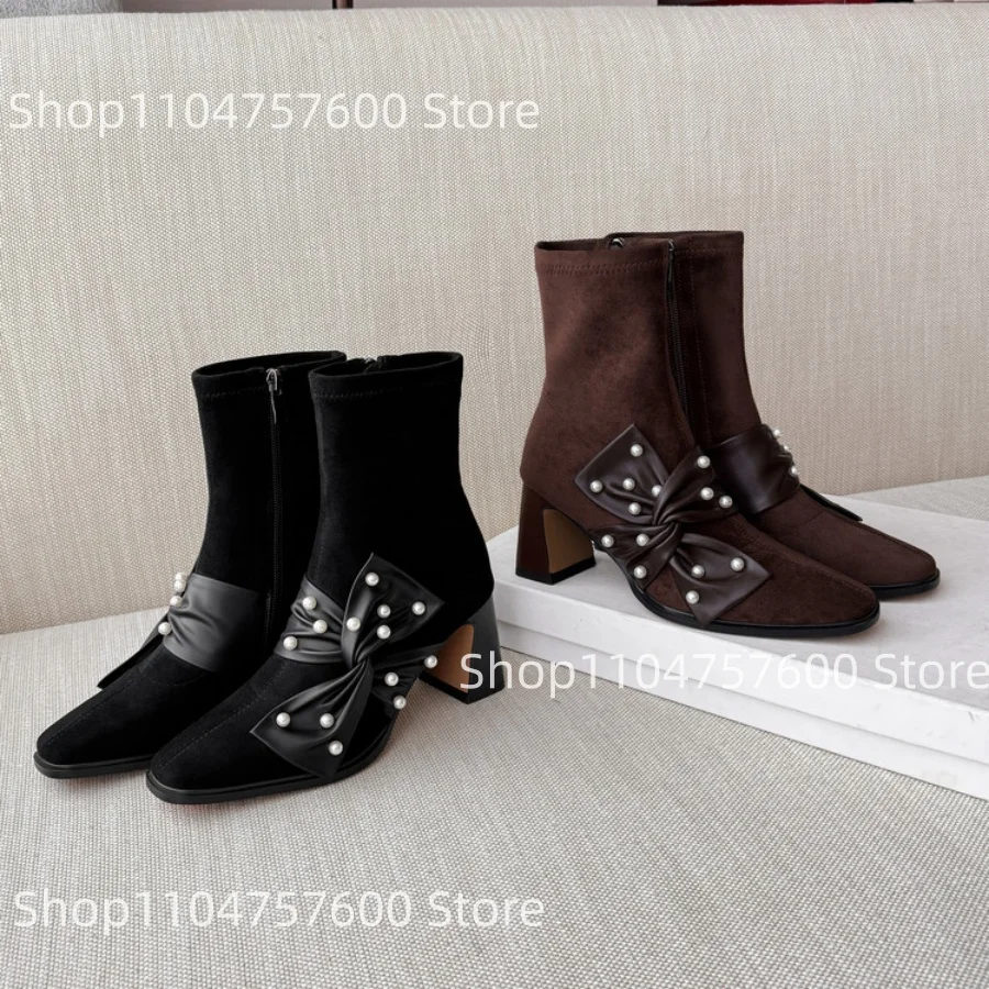 

Women's Black Suede Design Ankle Boots Pearl Bow Block Heel Boot Elegant Square Toe Luxury Women Daily Autumn Dress Short Botas