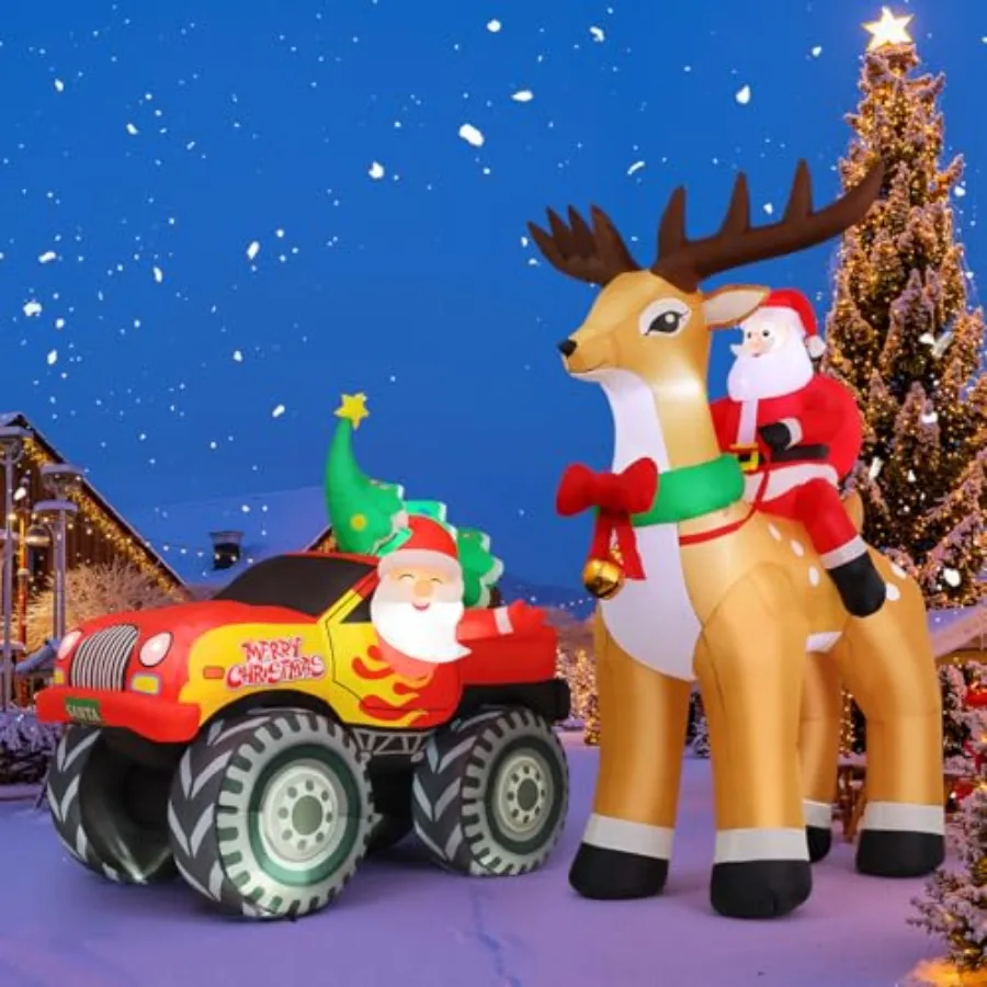 Yard party lawn decorations: inflatable Santa Claus riding reindeer 9.8 FT and Santa Claus monster truck (7.2 FT), PVC material