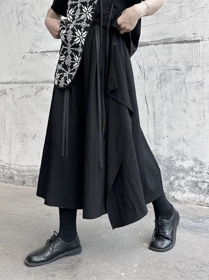 

High Waist Straight Leg Pants Skirt Wide Leg Sash Nuetral Design Men Women Summer Thin Cotton A-Line Long Skirt