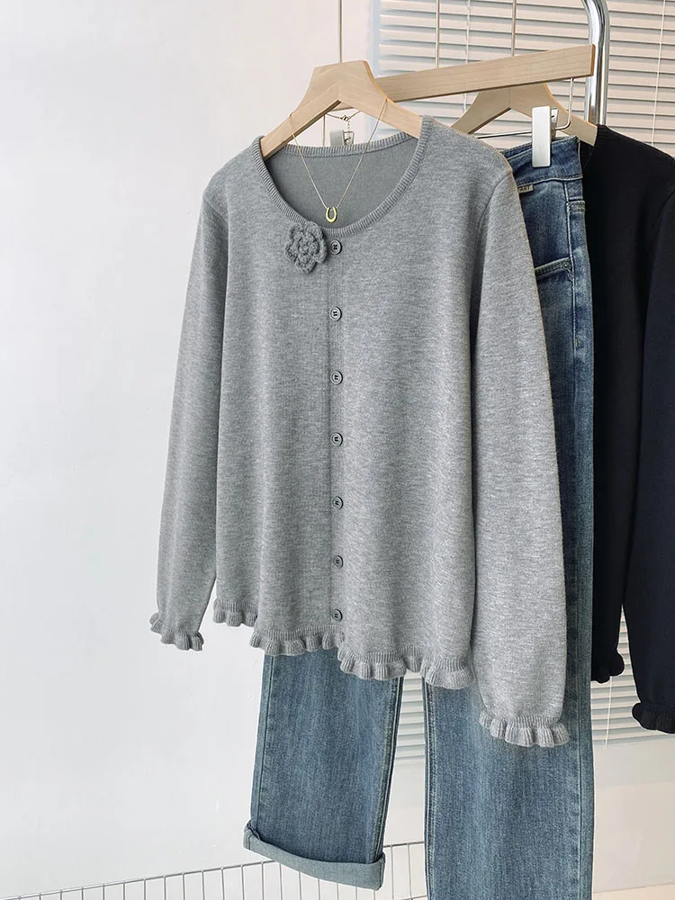 حجم كبير المرأة محبوك بلوزة فضفاضة مع انتفض تنحنح ثلاثية الأبعاد زهرة تصميم الخريف الشتاء معطف شتاء للأخوات طبطب #3