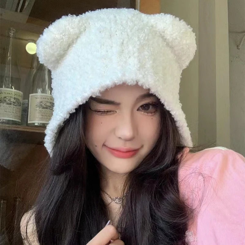 New Ears Autumn Winter Beanies Cute Safety Bear Hat for Women Warm Thickened Lamb Fleece Travel Hat Pullover Outdoor Ladies Cap