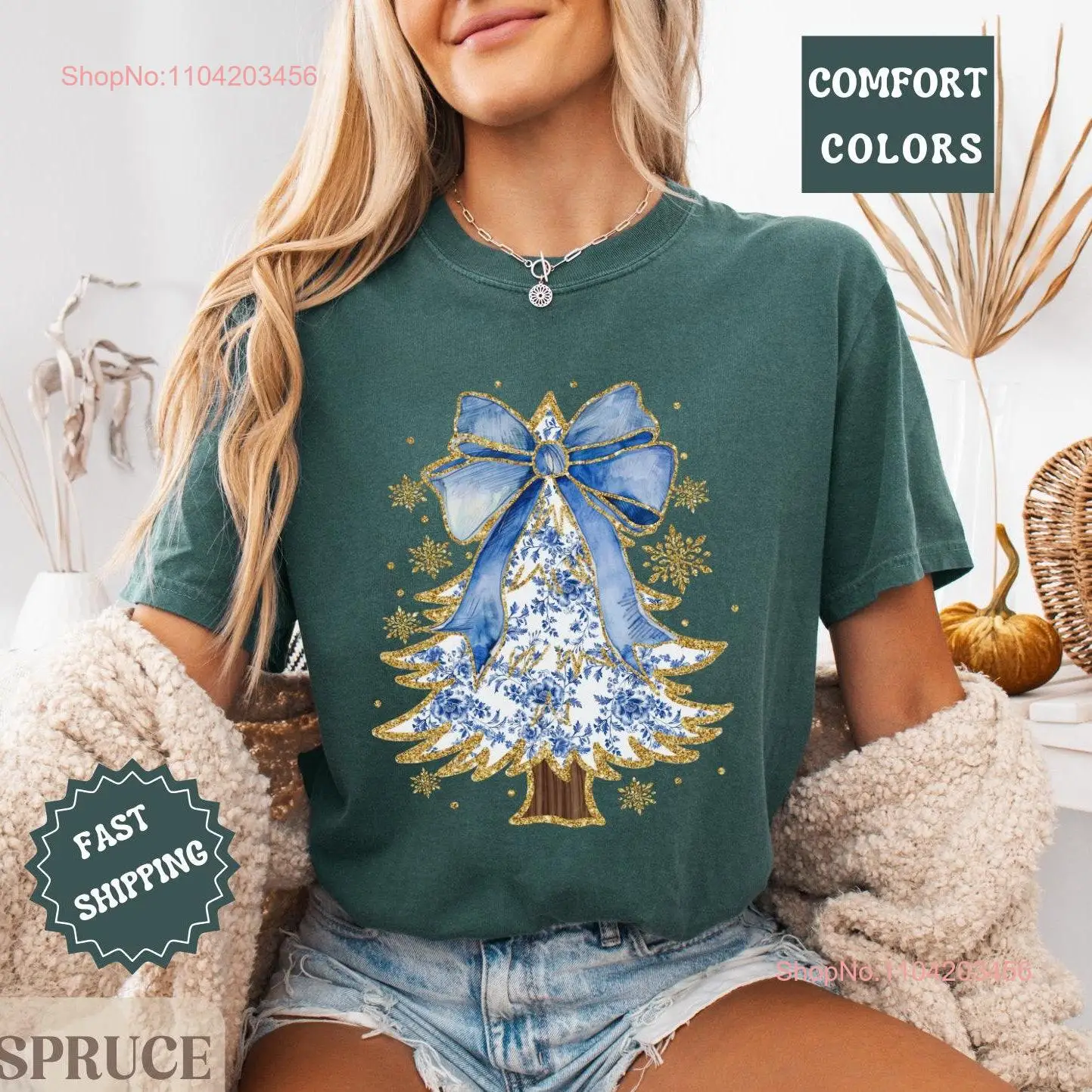 Painted Christmas Tree T Shirt Comfort Colors Women's Holiday Coquette Colorful Trendy Xmas Toile de jouy