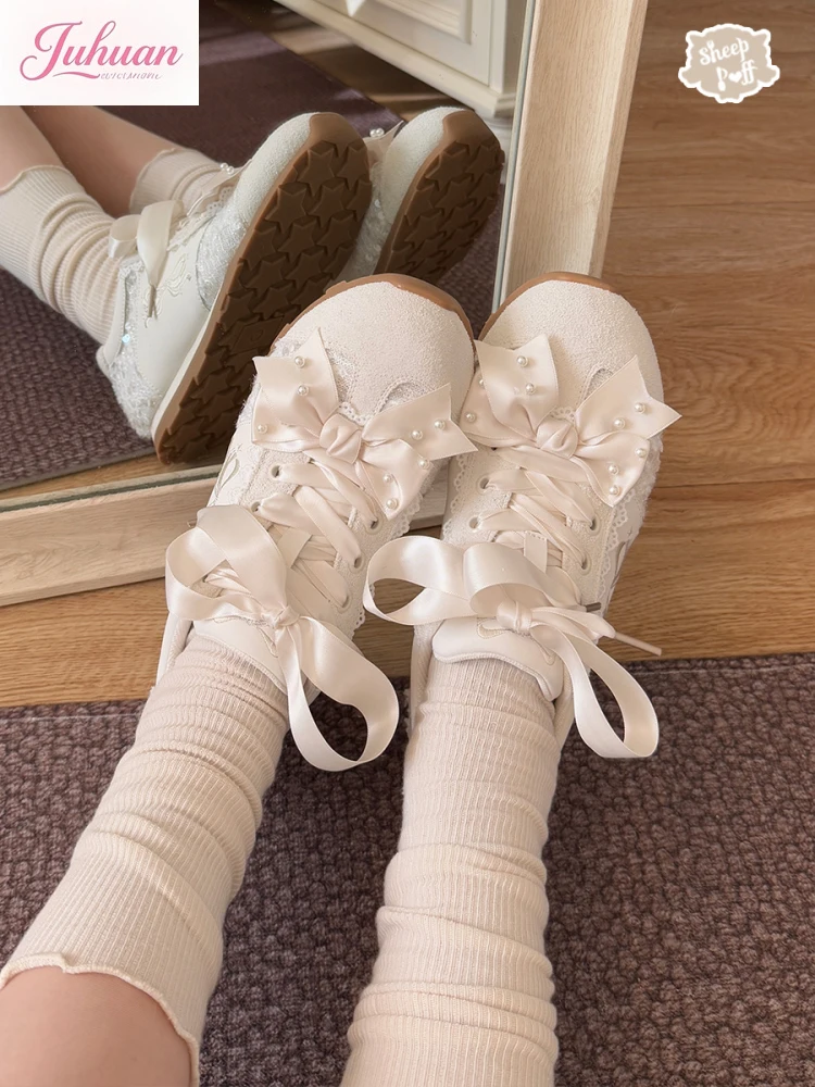 Japanese Silk Ribbon Bow Pearl Casual Shoe Girl Versatile Sequined Bow Sneakers Comfortable Versatile Sweetheart Lolita Lo Shoe