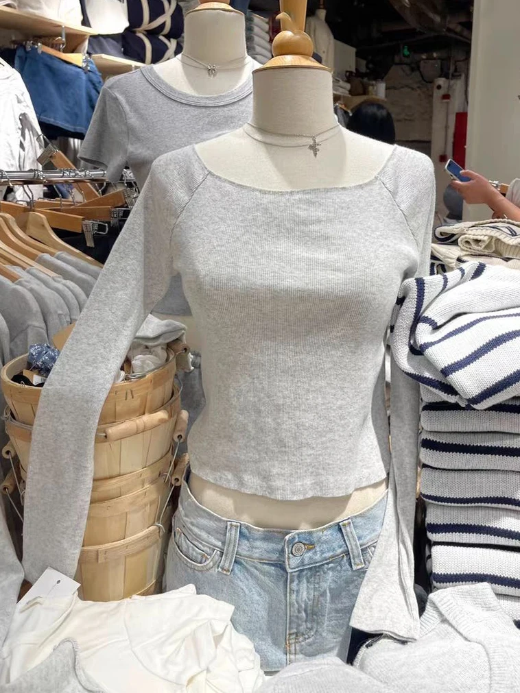 

Solid Ribbed Long Sleeve Crop Top Women Sexy Slash Neck Cotton Slim Cropped T-shirt Summer Simple Sweet Cute Short Cropped Tops