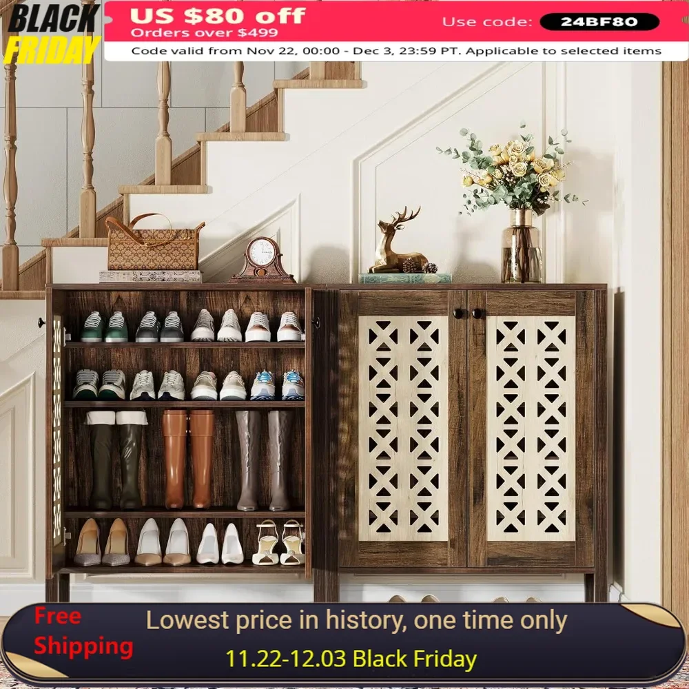 2 Pack 5-Tier Shoe Cabinet，25 Pairs Farmhouse Shoe Organizer with Adjustable Shelves，All-Wood Freestanding Shoe Storage Cabinet