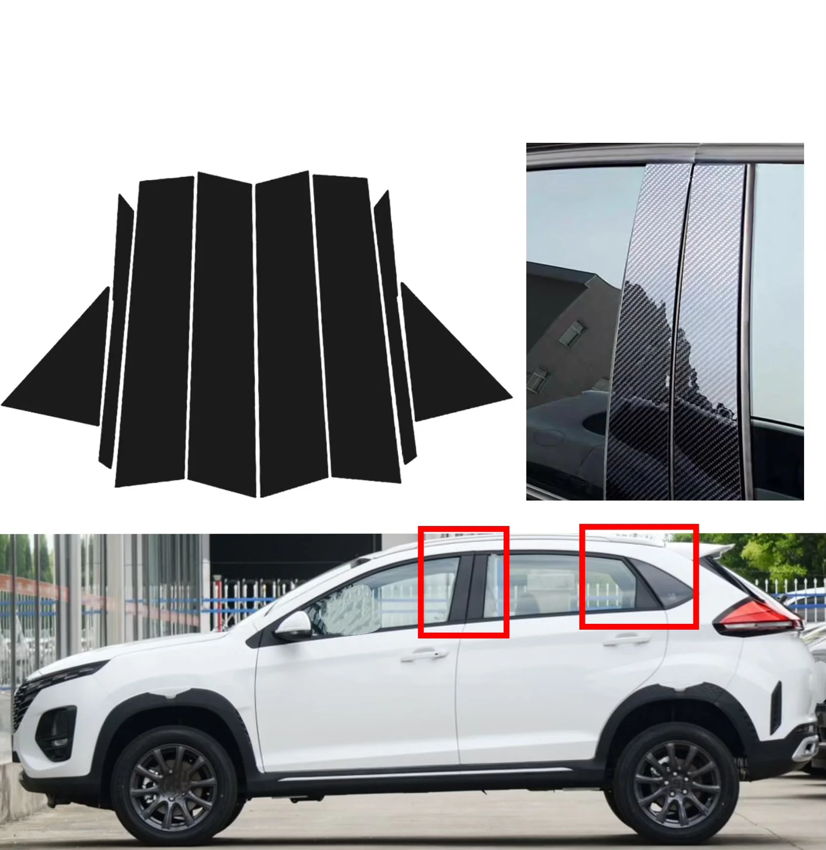 8PCS Gloss Black  Pillar Posts Silver Carbon Fit For Chery Tiggo 3X 2016-2022 2017  Window Decor Door Side Mouliding Trim Cover