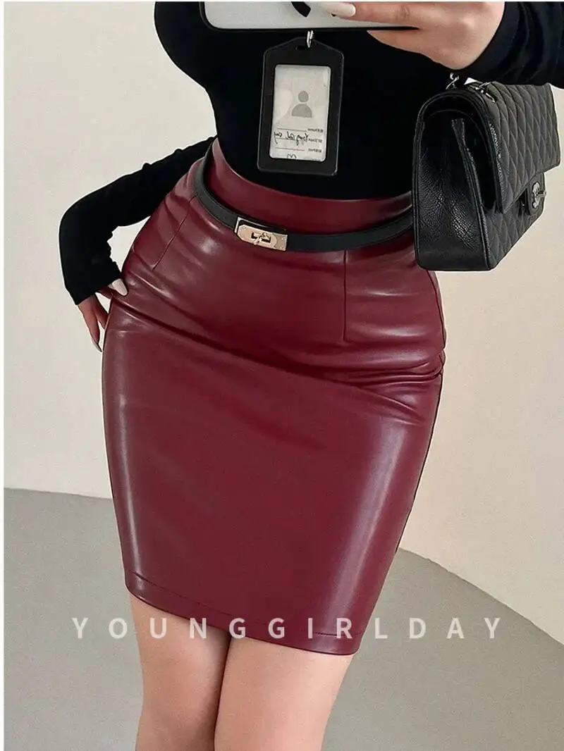 Korean Style Pure Desire Sexy OL High Waist Slimming Mid Length PU Leather Bag Hip Skirt With Belt Fashion Women Skirts BB78