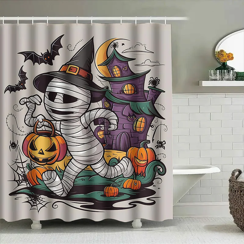 1PCHalloween Mummy Witch Haunted House Bathroom Shower Curtain for Kids Girls Baby Room Decor