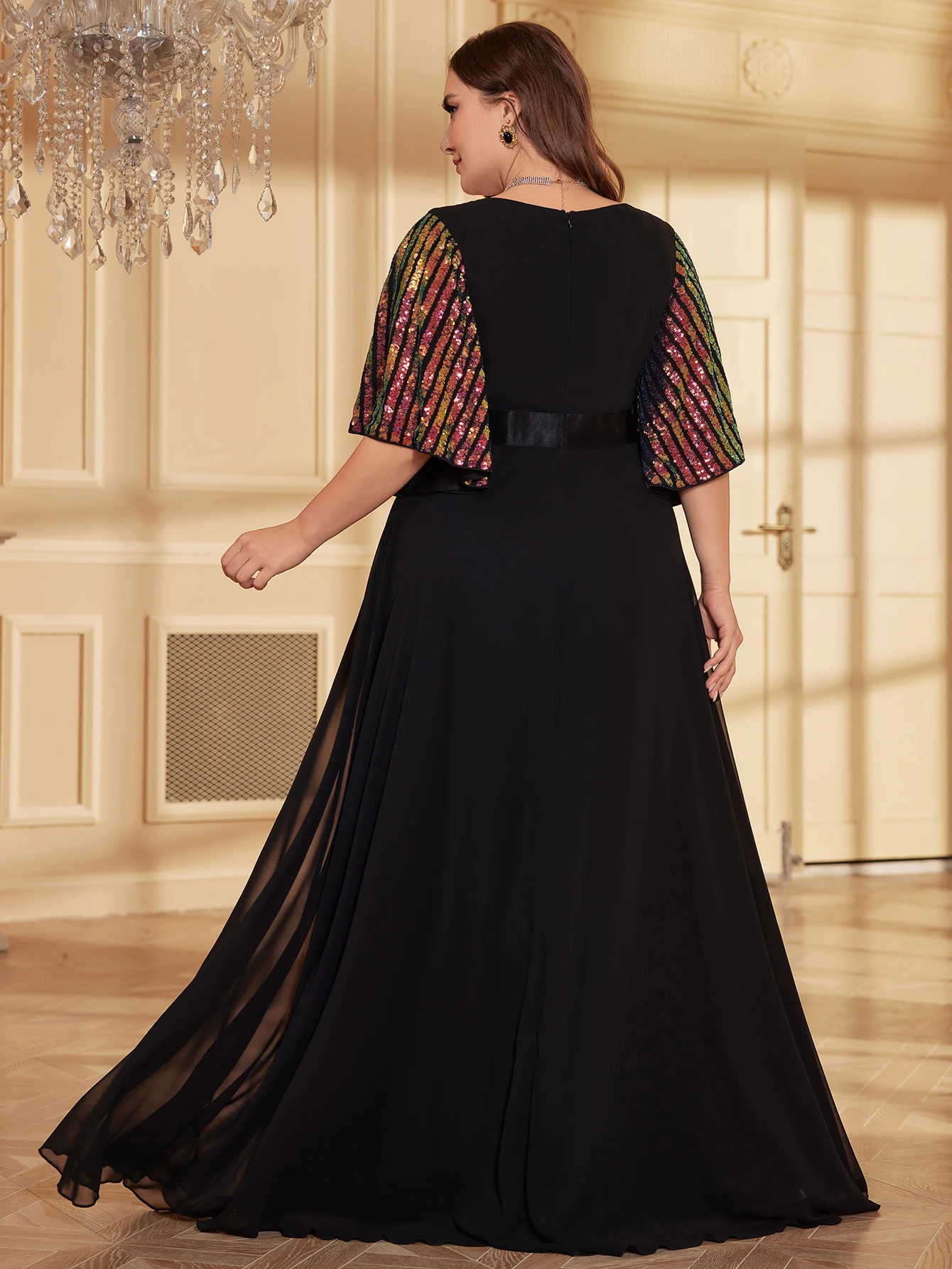 فستان سهرة رسمي نسائي ، كم زهور ، ترتر لامع ، شيفون مرقع ، بطول الأرض ، مقاس كبير #2