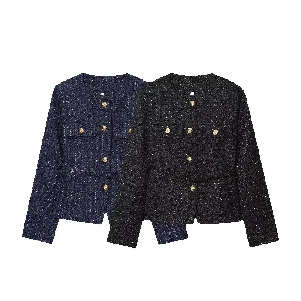 

Women's coarse spun sequin small fragrant style jacket round neck long sleeved single breasted autumn new fashionable jacket