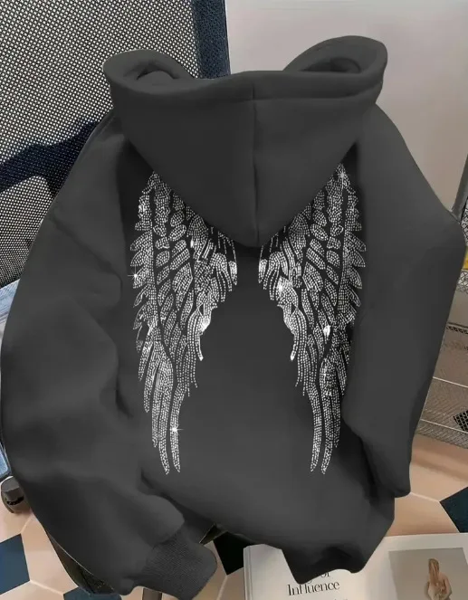 Women Oversized Hoodie Angel Wings Print Pullover Long Sleeve Loose Fit Streetwear Casual Sweatshirt