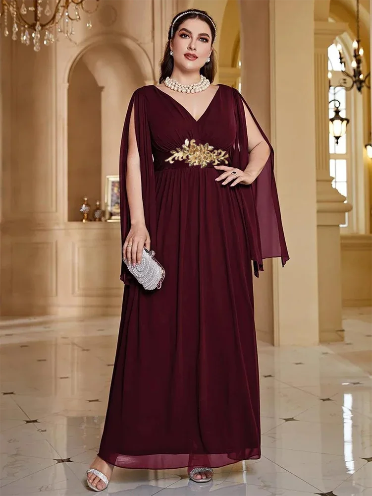 S-7xl V-Neck Shawl Multi-Layer Chiffon Wedding Burgundy Loose Evening Dress Ladies Banquet Bridesmaid Plus Size Evening Dress