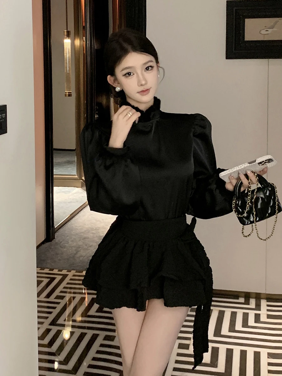 Elegant Chinese Style Stand Collar Furry Bubble Sleeve Fashionable Short Skirt Pants Set Age Reducing Cake Style Top Bottoms ...