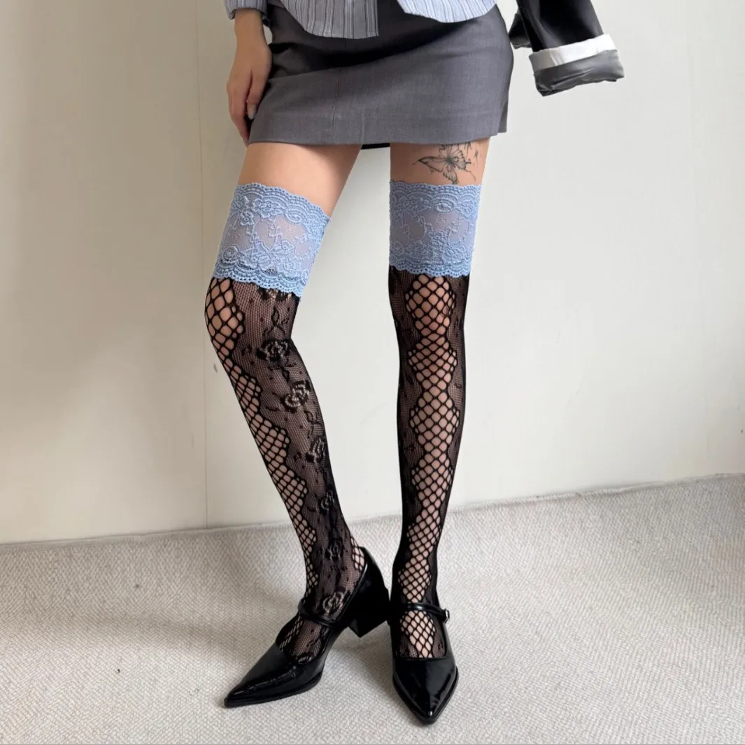 

Women Sexy Flowers Mesh Lace Thigh High Stockings Over The Knee Stockings Lolita Style Y2K Girls Long Leg Boot Socks