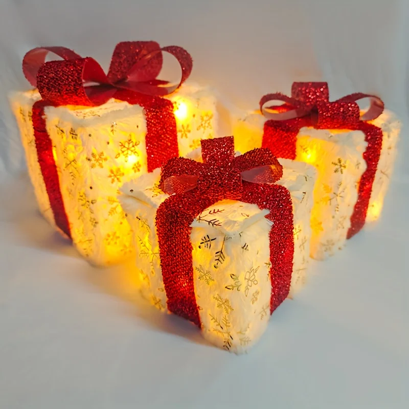 3Pcs/Set PVC Christmas Gift Box Set Luminous Folding Christmas Lighting Box with Bow Ribbon Christmas Glowing Decoration Outdoor