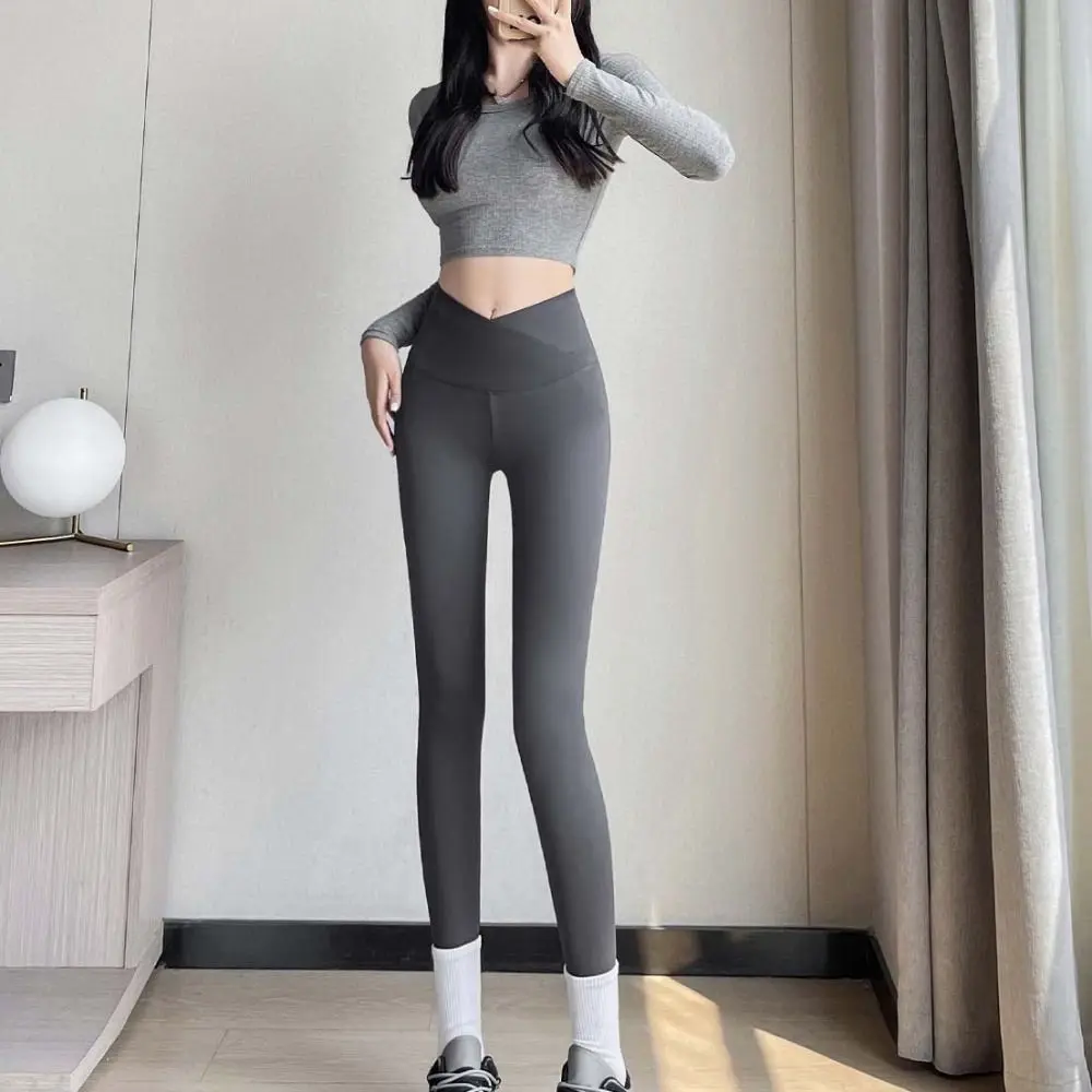 Elastic Cross Waist Design Women Leggings Thin Solid Color High Waist Leggings Abdominal Tightening All Match Yoga Pants Workout