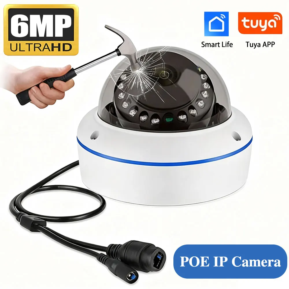 

6 МП H265+ Tuya Металлическая купольная IP-камера с PoE, записью звука, вандалостойкая IP66, для наружного видеонаблюдения и домашней безопасности, с функцией обнаружения человека