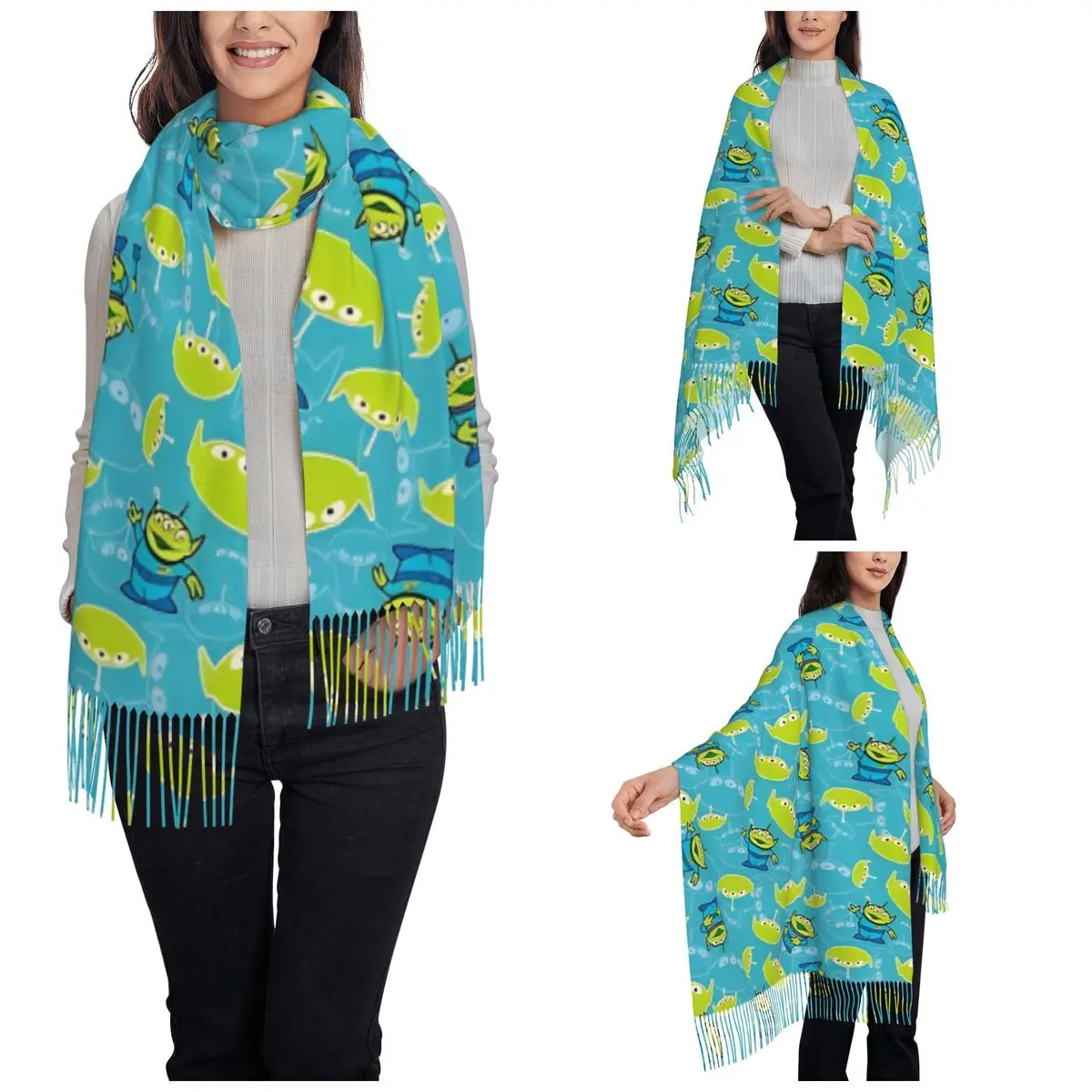 Toy Story Alien Funny Green Background Scarf for Womens Winter Fall Pashmina Shawls and Wrap Long Scarves with Tassel for Ladies