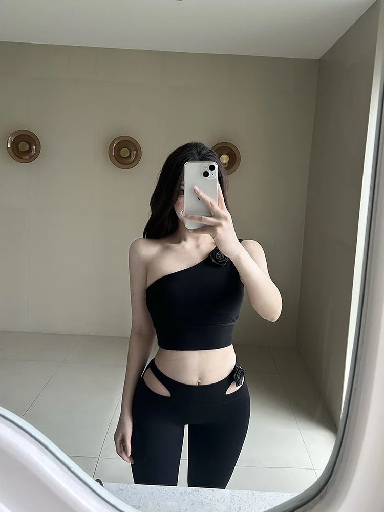 Pure Desire Flower Gilet sportivo a spalla singola Pantaloni lunghi da yoga fitn da donna Set Abito estivo sexy Diaam con orecchio sinistro