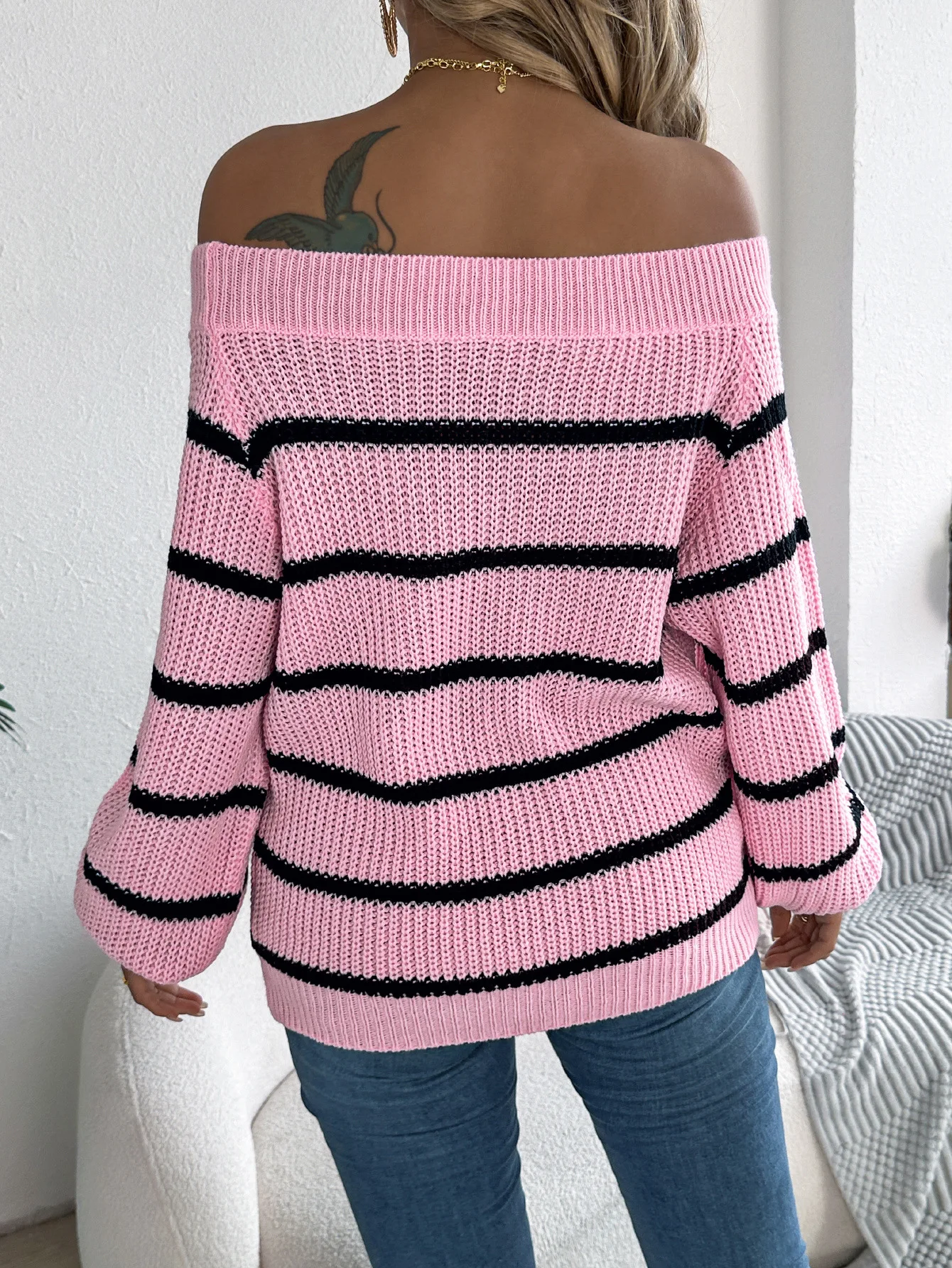 Fashion Knitted Pullover Loose Off-shoulder Lantern Sleeve Slash Neck Striped Sweater Autumn Winter New Casual Women's Clothing