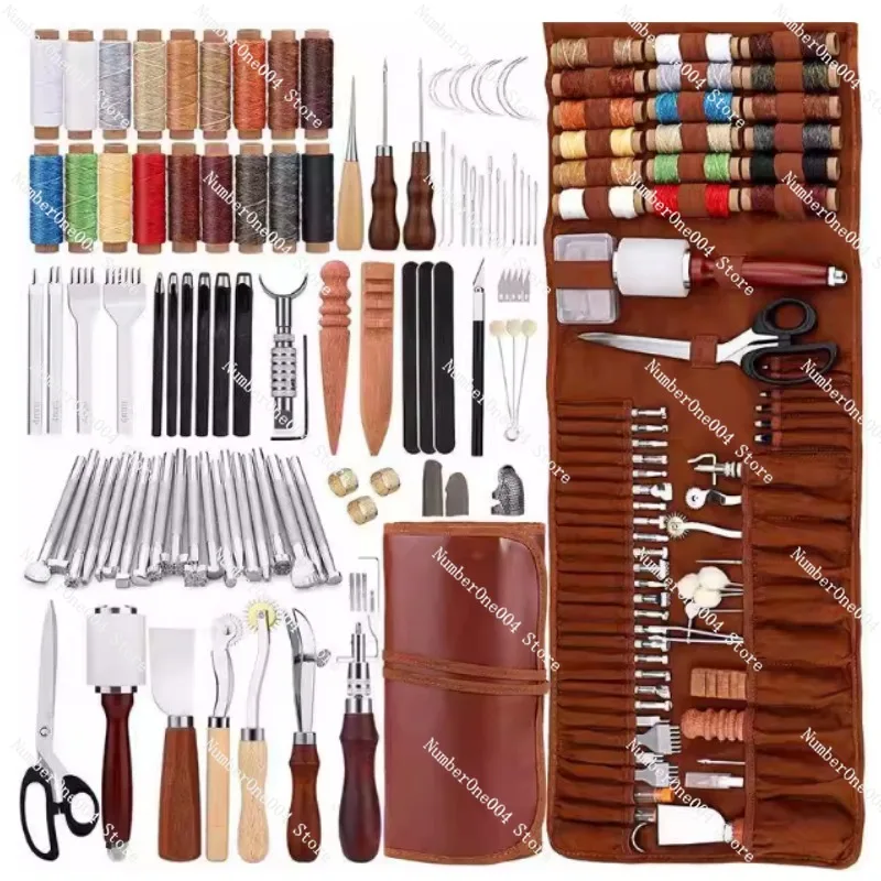 

Complete Leather Craft Tools Set Sewing Carving Punching Stamping Tool Kit with Thread & Needles