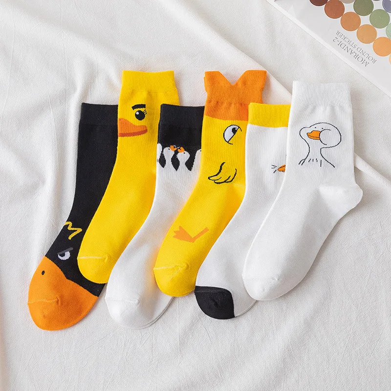 

6 Pairs/Pack Happy Funny Women Socks Little Yellow Duck Cartoon Cosplay Socks Novelty Cute Kawaii Combed Cotton Long Sock