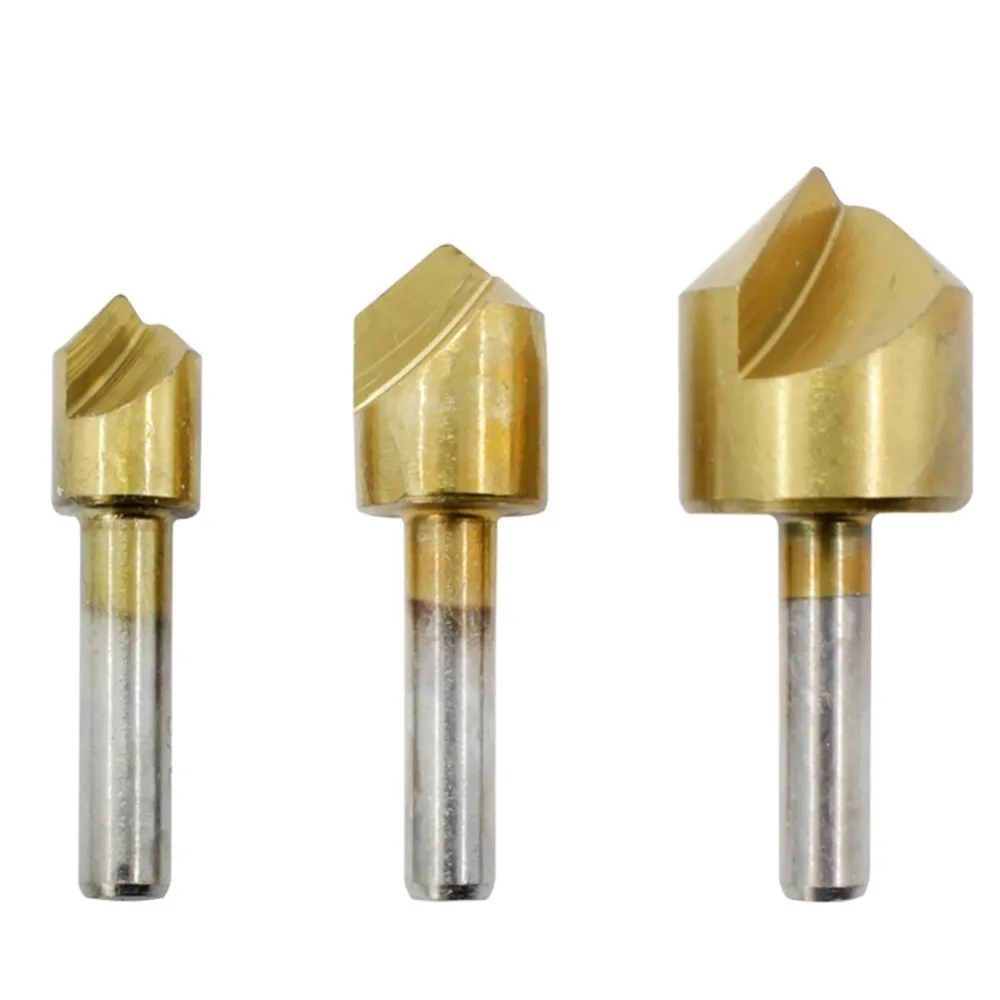 3pcs Titanium Plated Chamfering Cutter Set Carbon Steel Single Flute Countersink Drill Bit Set 3/8 1/2 3/4 90 Degree