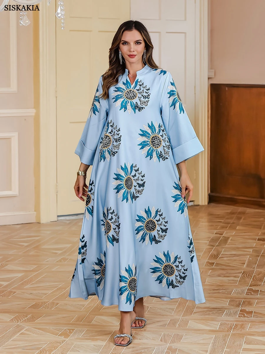 Siskakia Ramadan Dubai Floral Print Luxury Abaya  Woman Evening Dress Folds Sleeve Moroccan Caftan Woman