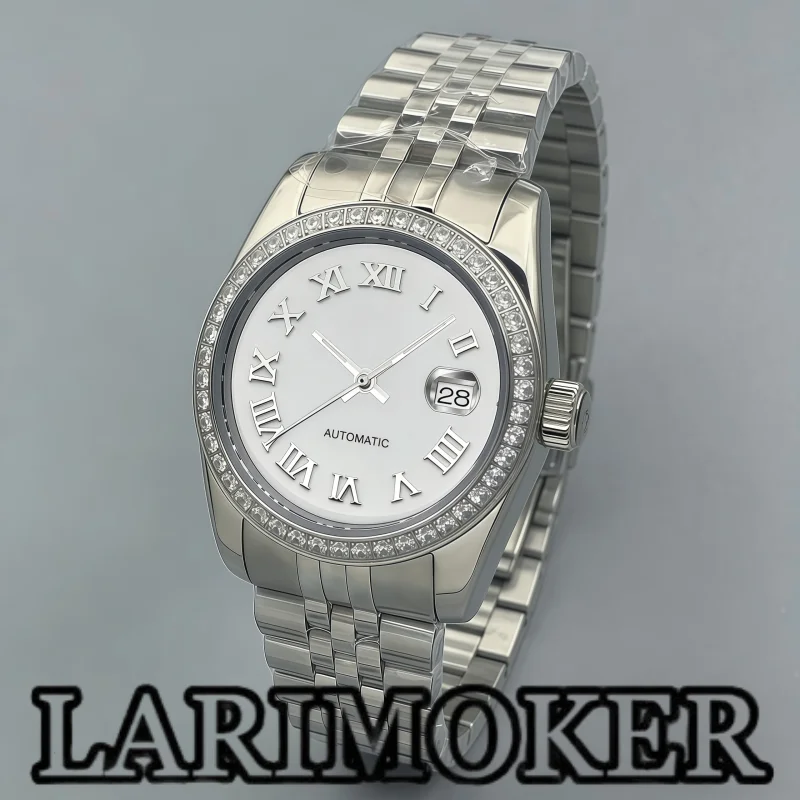 LARIMOKER 31mm Women's Automatic Watch NH05 White Dial Roman Numerals Diamond Bezel Sapphire Crystal Steel Bracelet Luxury
