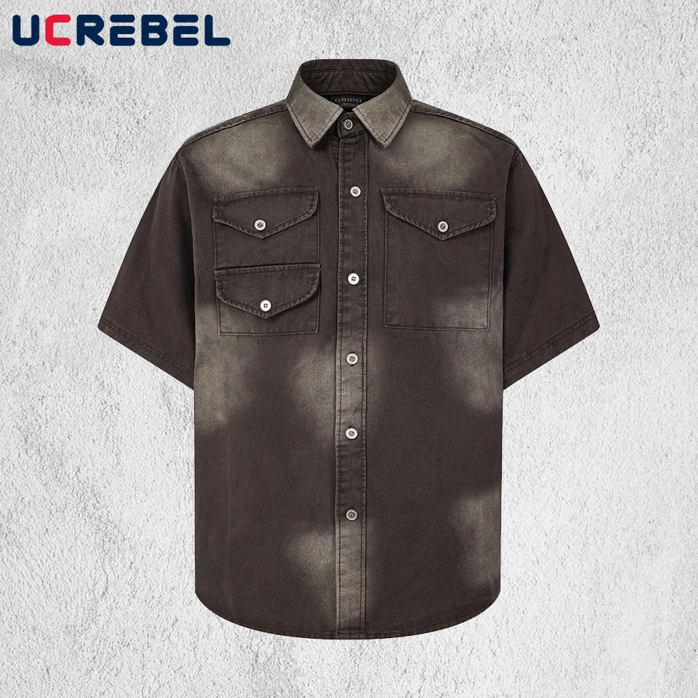 

Pocket Short Sleeve Shirts Mens Summer Washed Distressed High Street Retro Single Breasted Lapel Half-Sleeve Shirts Man