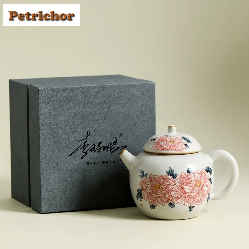 

180ml Off-white Lard Jelly Ru Kiln Peony Teapot Creative Tea Infuser Pot Tea Maker Kettle With Ball Hole Chinese Tea Set Craft