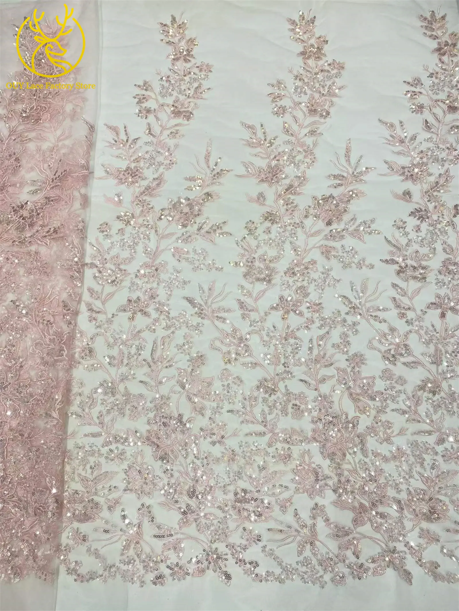 Goldener Luxus-Tüllstoff mit französischer Stickerei und Pailletten, afrikanischer Pailletten-Mesh-Tüllstoff zum Nähen von Hochzeits- und Abendkleidern – Detail 19