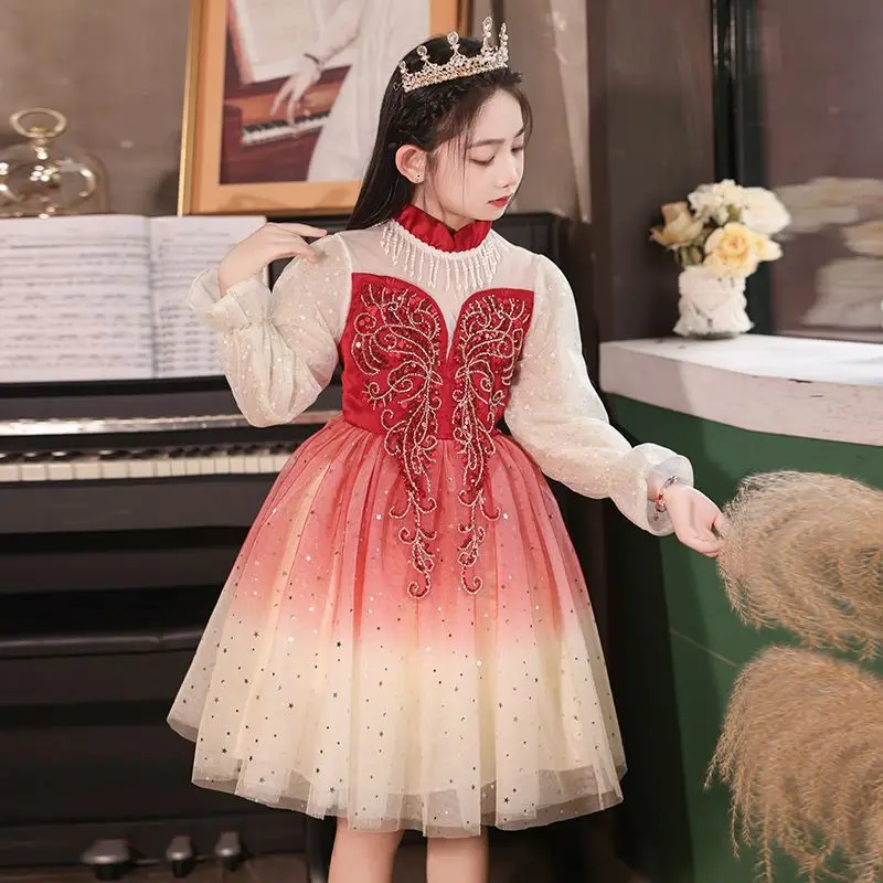 Girl Birthday Banquet Children's Gauze Performance Costume High-End Gift Girl's Long Sleeve Dress Fashion Elegant Princess Dress