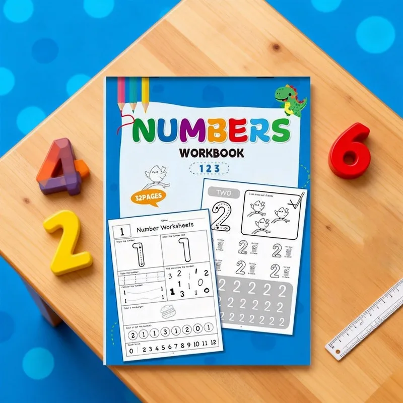 32 Pages, Number Workbook 0-12, Pen Grip Training, Interactive Number Coloring Book, 7 Fun Game Book Copybook