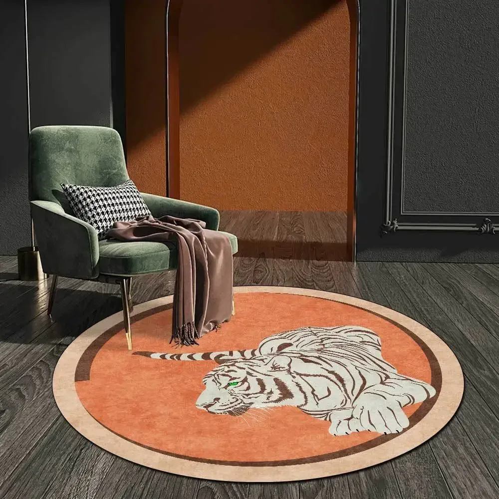 Modern Orange Brown Lion Elephant Pattern Circular Carpet Home Living Room Bedroom Floor Decoration