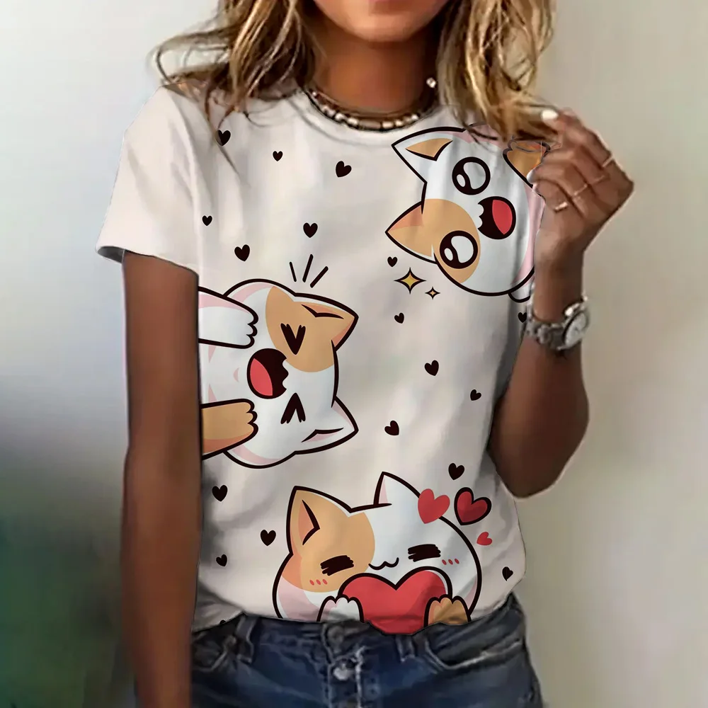 

Women's T-Shirt Cute Graphic Print Summer Harajuku O-Neck Short Sleeve Cat Pattern Top Women Loose Casual Comfortable Clothing