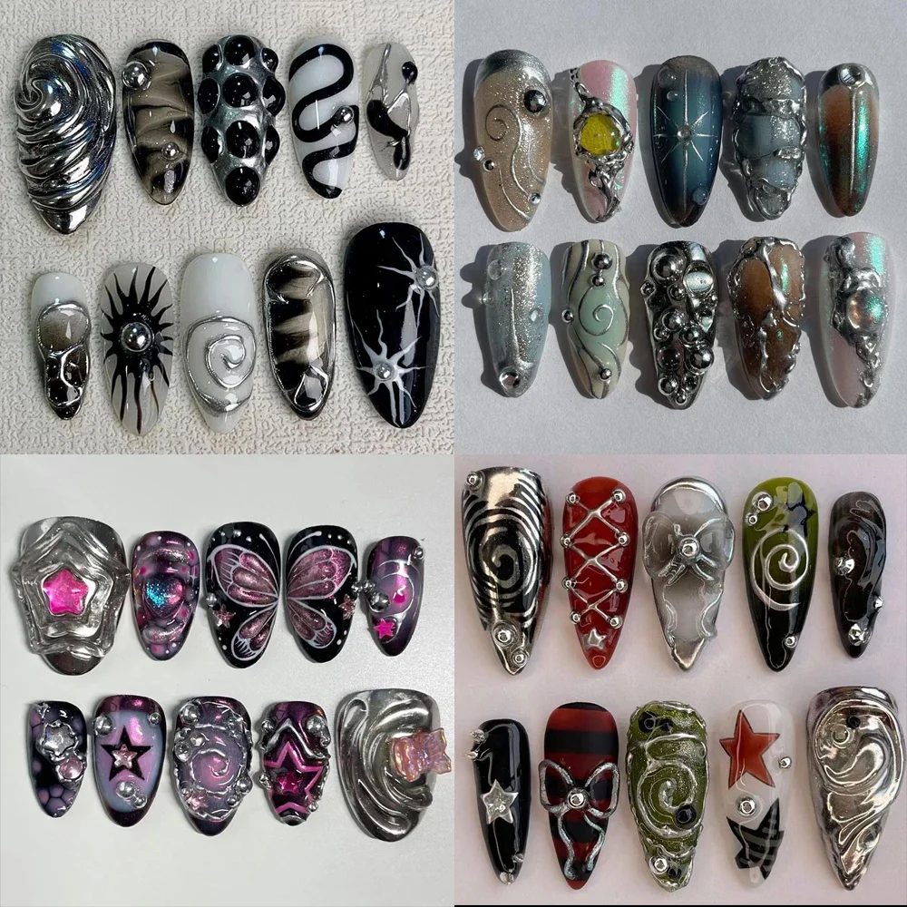 

Silver Cool Almond Handwork Press On Nails Art Magic Mirror Powder Mechanical Future Style Bow Star Butterfly Shell Gel Nails