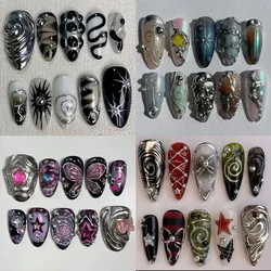 Silver Cool Almond Handwork Press On Nails Art Magic Mirror Powder Mechanical Future Style Bow Star Butterfly Shell Gel Nails