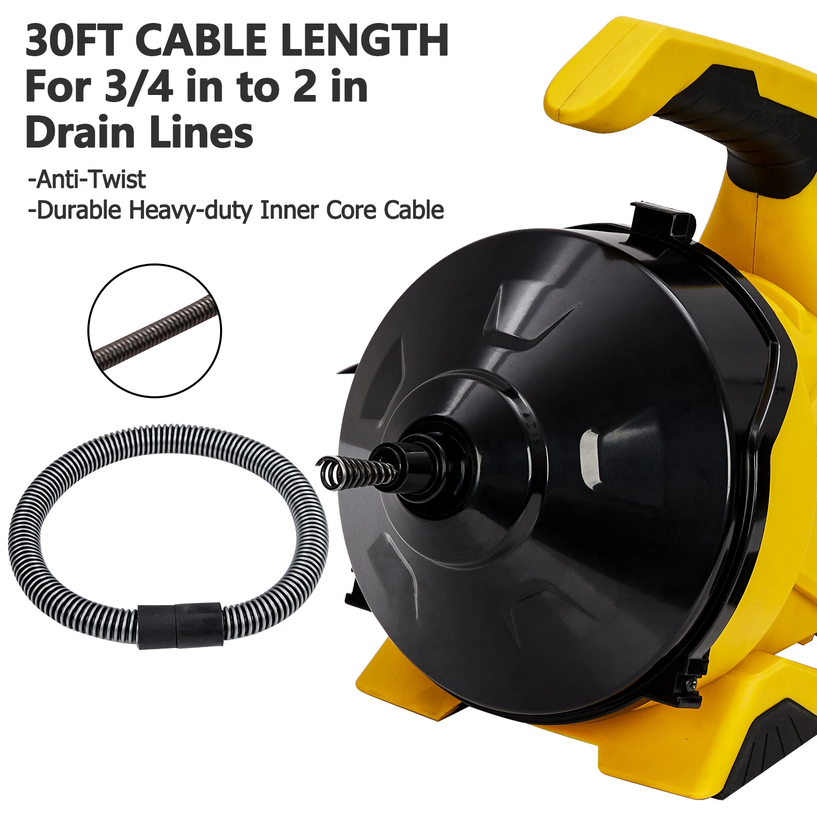 Drain Cleaner Machine 30Ft x 3/10In Auto-feed Electric Drain Auger for 3/4In 2In Pipes Cable in Piano Wire with Foot Switch Sewe