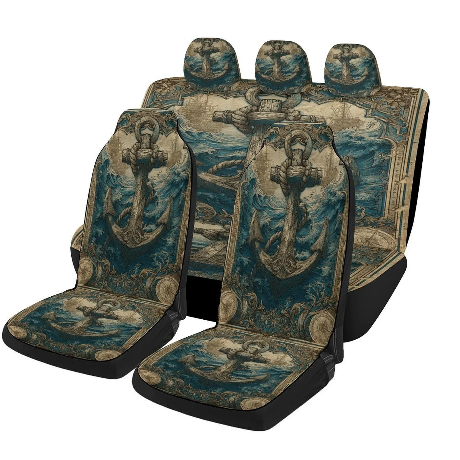 Ocean Anchor Designed Car Seat Covers Set For Most Cars, Trendy Breathable Decorative Car Seat Protector Covers Full Set, Car S