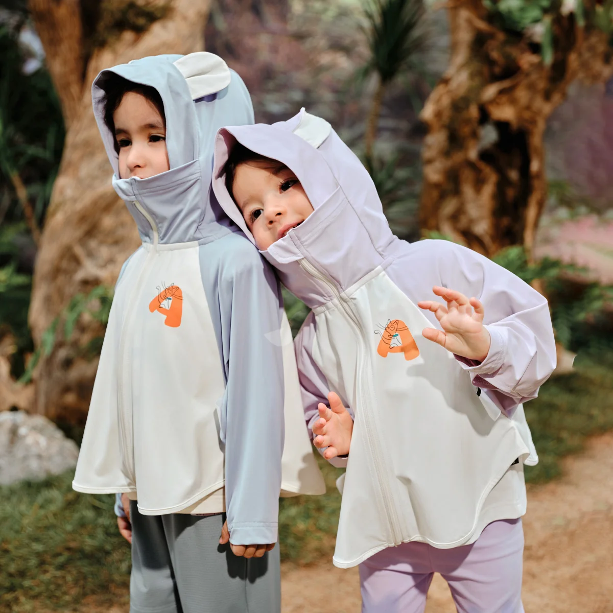 Amila2024 Summer New Children's Hooded Sunscreen Clothing Color Contrast With Rotator Sleeve Low Saturation Color System