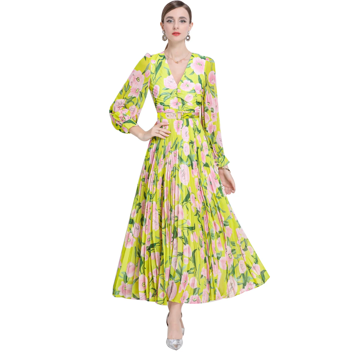 Verão impresso maxi vestido roupas femininas manga longa lanterna fino ajuste em camadas vestido feminino 2025 verão chique casual férias