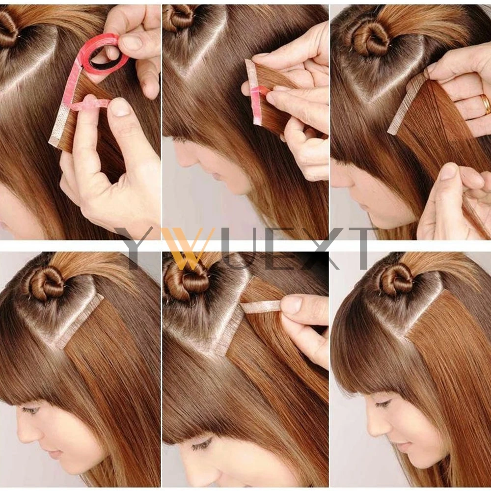 YWUEXT شريط طويل لحمة شعر مستعار بشري 12 "-22" حقن غير مرئي بولي Skin الجلد لحمة مسطحة حزم الشعر الخياطة في وصلات صغيرة الشعر