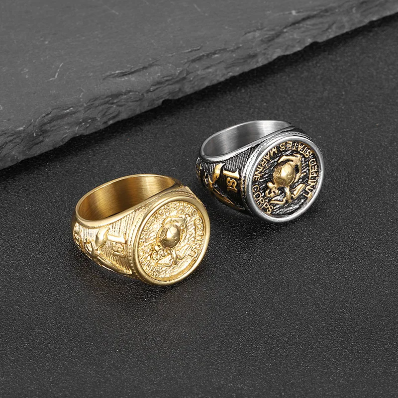 Fanshu Stainless Steel Gold Plated Marine Corps Totem Band Ring for Men Women Couple Friends Gift Fashion Jewelry Hip Hop Punk