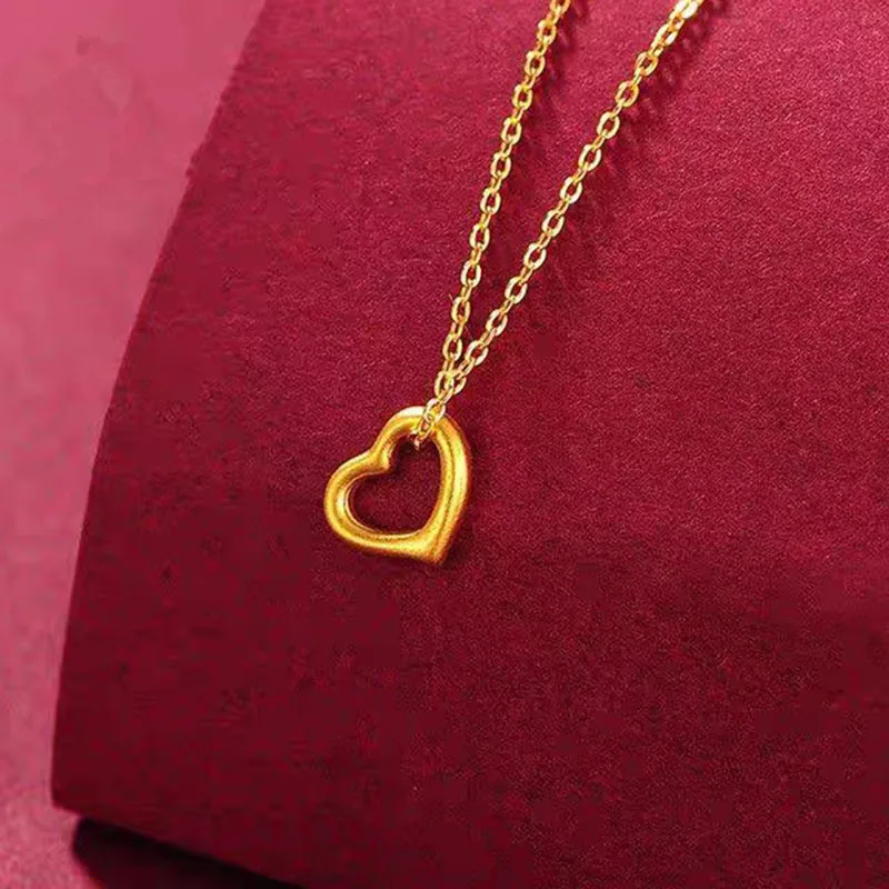 SMILE Full Gold 999 Hollow Heart Love Pendant 3D Hard Gold Peach Heart Collar Chain Women's Boutique Jewelry Gift D0054