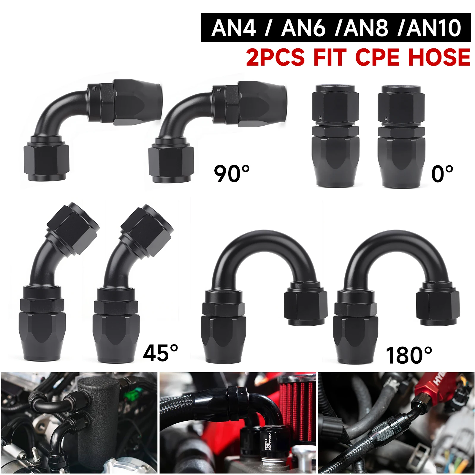 Aluminum Swivel Hose End Fitting Adapter 2 Pcs Universal AN4 AN6 AN8 AN10 Straight 0 45 90 180 Deg For Oil Fuel CPE Line Black