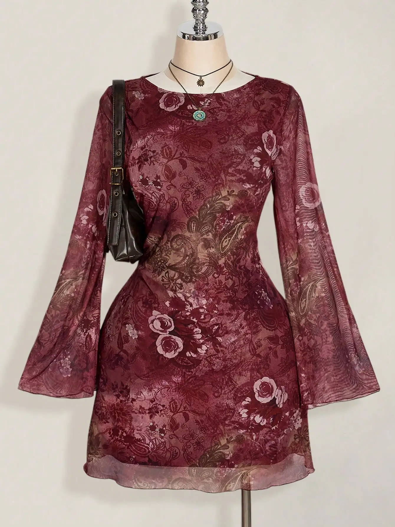 

Burgundy Floral Paisley Mesh Bell Sleeve Mini Dress for Women